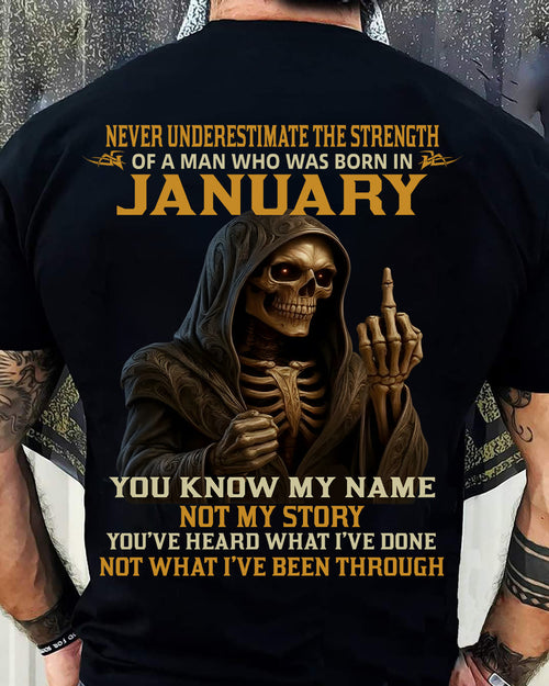 JANUARY - NEVER UNDERESTIMATE - BIRTHDAY T-SHIRT FOR MEN - ntnt01 (SKU26T-01-06-01)