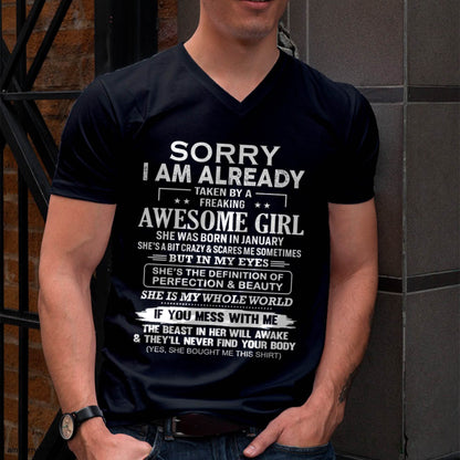 January - Sorry I Am Already Taken By A Freaking Awesome Girl – Gift For Boyfriend From Wife Or Girlfriend T-Shirt – ntnt01 (SKU12-293-01)
