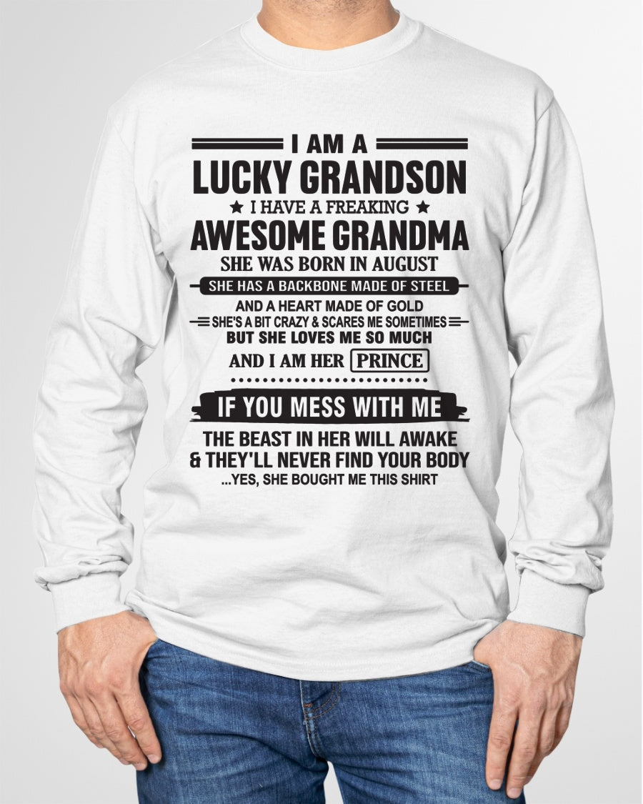 I Am A Lucky Grandson T-Shirt – Birthday Gift From August Grandma / Woman - ntnt08 (SKU11-29-08)