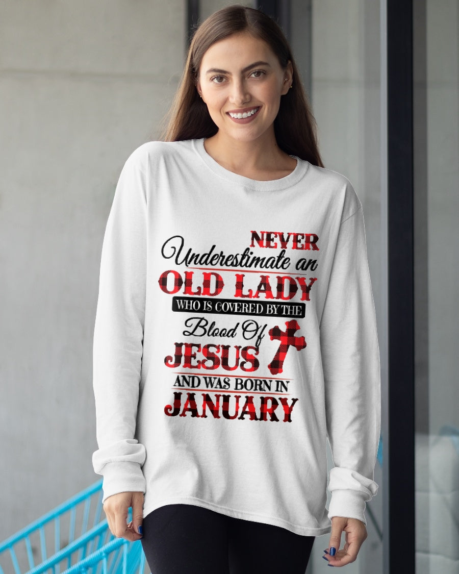 January Old Lady Covered By The Blood Of Jesus Shirt - FROM GIRL - NTNT01 - (SKU2605-69-01)