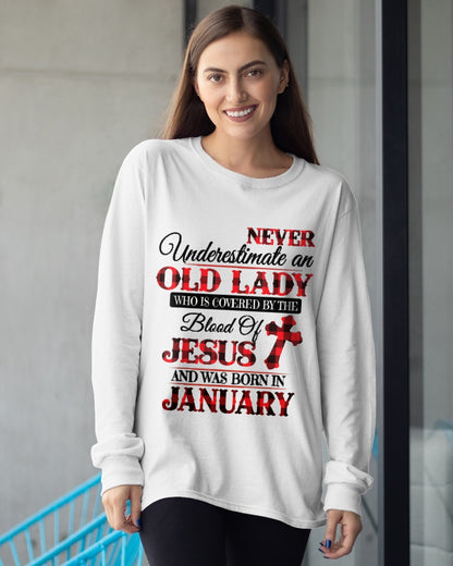 January Old Lady Covered By The Blood Of Jesus Shirt - FROM GIRL - NTNT01 - (SKU2605-69-01)