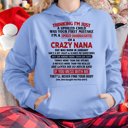 SPOILED GRANDDAUGHTER OF A CRAZY NANA T-SHIRT January Edition - From grandma to granddaughter - ntnt01 (SKU07-129-01)