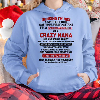 SPOILED GRANDDAUGHTER OF A CRAZY NANA T-SHIRT August Edition – From grandma to granddaughter – From grandma to granddaughter- NTT08 (SKU07-129-08)