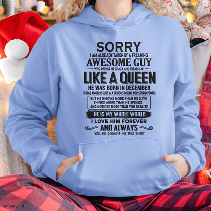 December - Sorry I am already taken by a freaking awesome guy - Gift for Wife From Husband - ntnt12 (SKU08-25-12)
