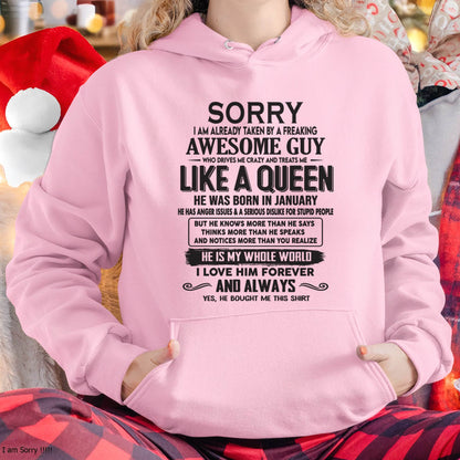 January - Sorry I am already taken by a freaking awesome guy - Gift for Wife From Husband - ntnt01 (SKU08-25-01)
