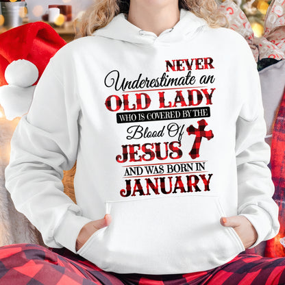 January Old Lady Covered By The Blood Of Jesus Shirt - FROM GIRL - NTNT01 - (SKU2605-69-01)