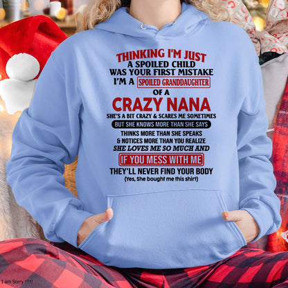 SPOILED GRANDDAUGHTER OF A CRAZY NANA T-SHIRT - From grandma to granddaughter - ntnt00 (SKU07-129-00)