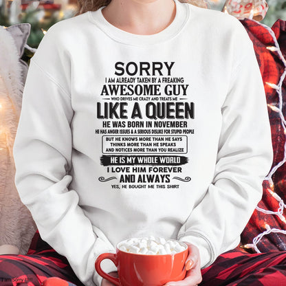 November - Sorry I am already taken by a freaking awesome guy - Gift for Wife From Husband - ntnt11 (SKU08-25-11)