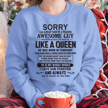 February - Sorry I am already taken by a freaking awesome guy - Gift for Wife From Husband - ntnt02 (SKU08-25-02)
