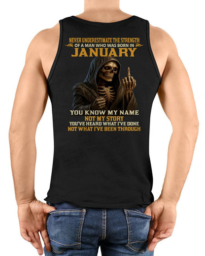 JANUARY - NEVER UNDERESTIMATE - BIRTHDAY T-SHIRT FOR MEN - ntnt01 (SKU26T-01-06-01)