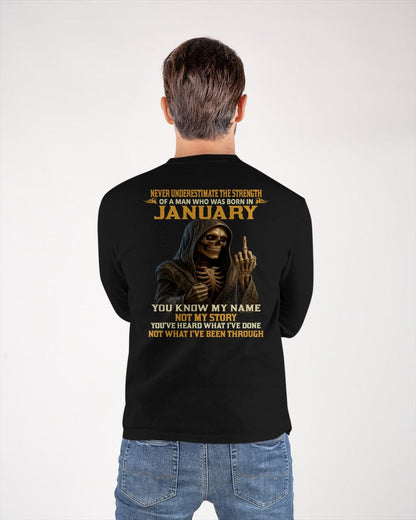 JANUARY - NEVER UNDERESTIMATE - BIRTHDAY T-SHIRT FOR MEN - ntnt01 (SKU26T-01-06-01)