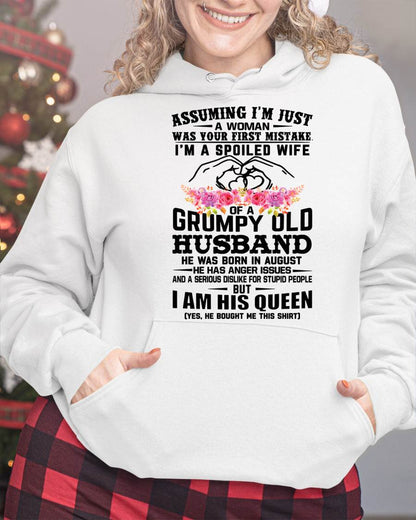 August - Spoiled Wife T-Shirt – Grumpy Old Husband Funny Tee - Perfect Gift From Husband - ntnt08 (SKU11-101-08)