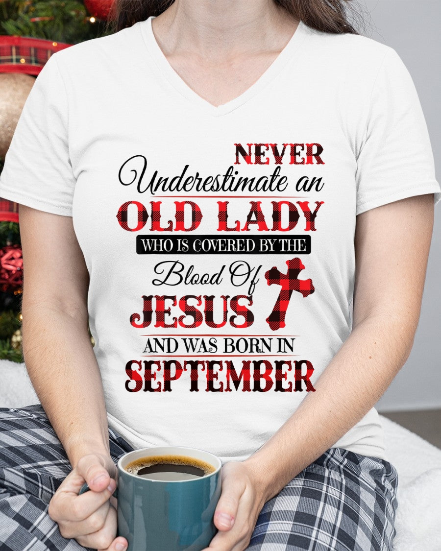 September Old Lady Covered By The Blood Of Jesus Shirt - FROM GIRL - NTNT09 - (SKU2605-69-09)