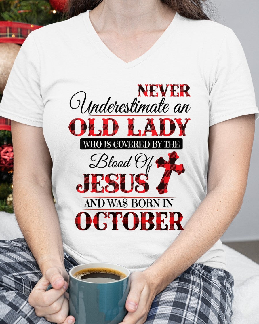 October Old Lady Covered By The Blood Of Jesus Shirt - FROM GIRL - NTNT10 - (SKU2605-69-10)