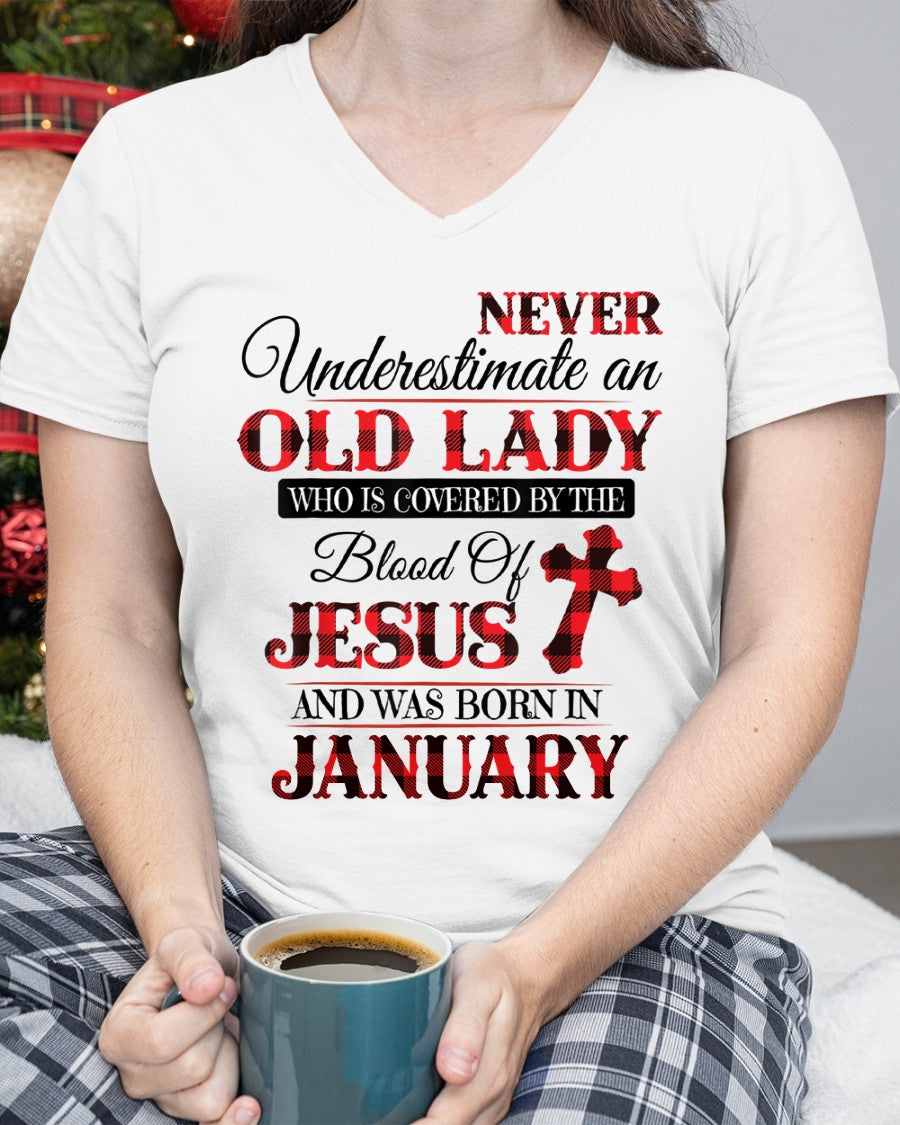 January Old Lady Covered By The Blood Of Jesus Shirt - FROM GIRL - NTNT01 - (SKU2605-69-01)
