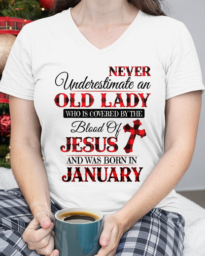 January Old Lady Covered By The Blood Of Jesus Shirt - FROM GIRL - NTNT01 - (SKU2605-69-01)