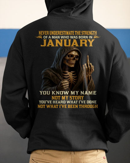 JANUARY - NEVER UNDERESTIMATE - BIRTHDAY T-SHIRT FOR MEN - ntnt01 (SKU26T-01-06-01)