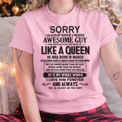 March - Sorry I am already taken by a freaking awesome guy - Gift for Wife From Husband - ntnt03 (SKU08-25-03)