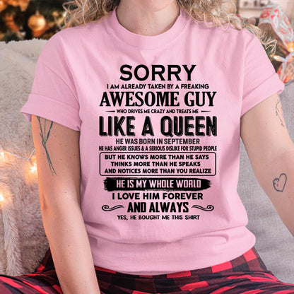 September - Sorry I am already taken by a freaking awesome guy - Gift for Wife From Husband - ntnt09 (SKU-SRG-09)